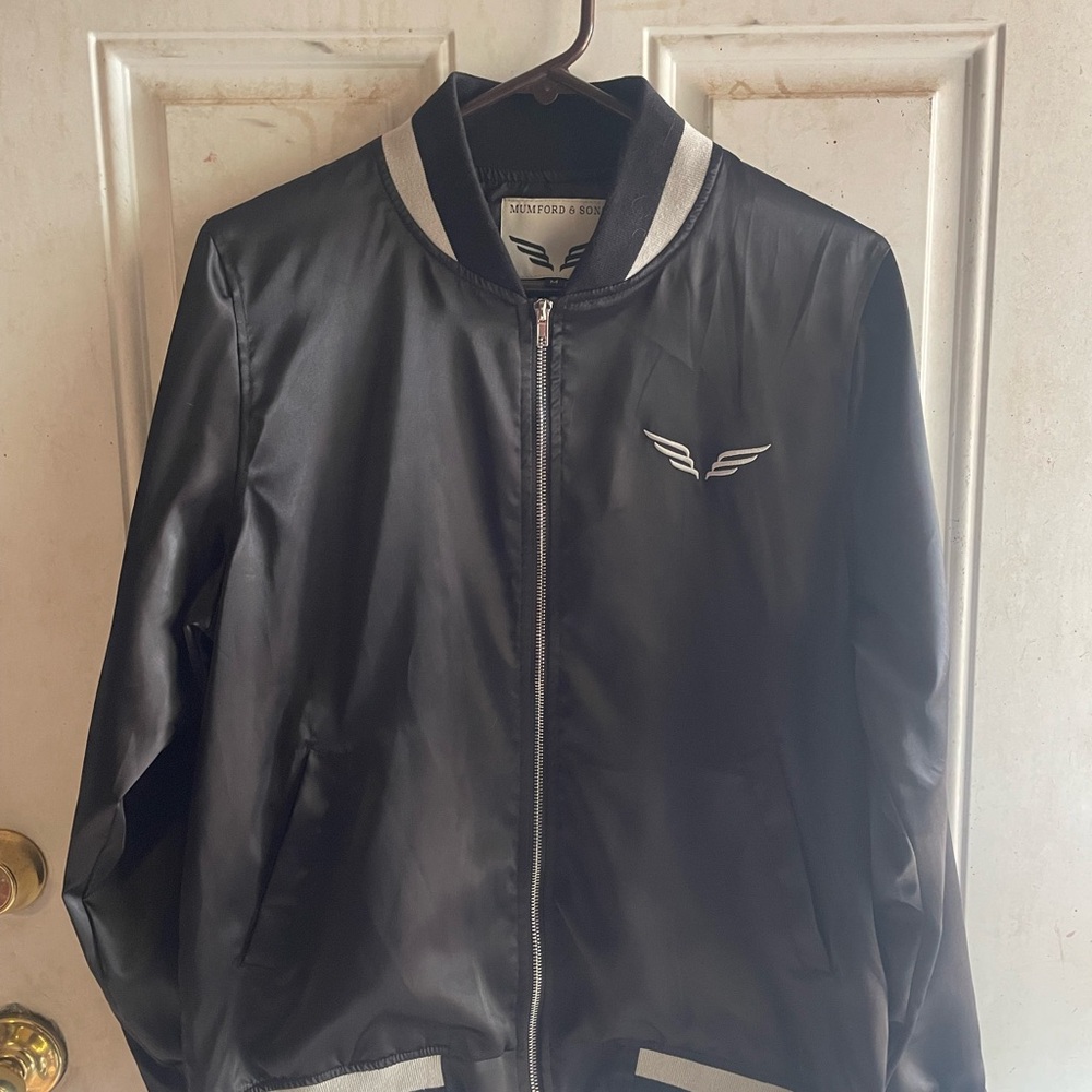 Mumford And Sons Black Satin Bomber Jacket with White Accents